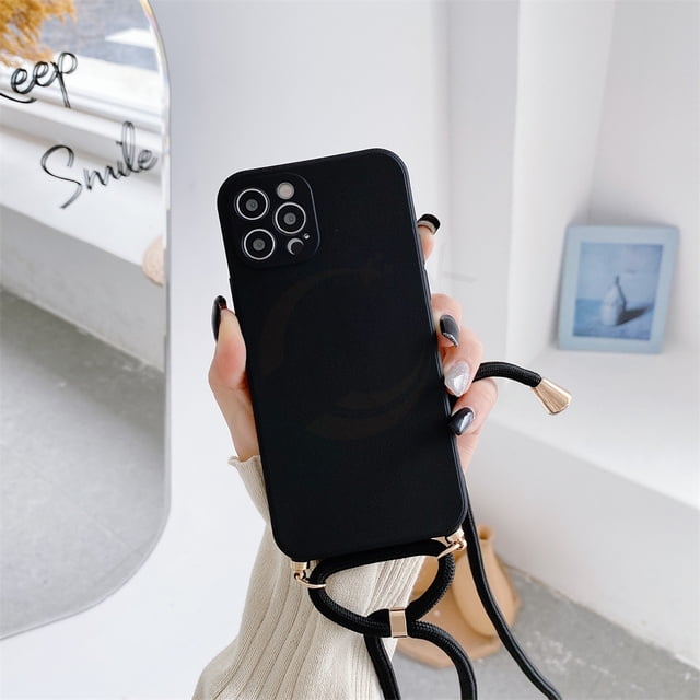 Crossbody Lanyard Necklace Strap Soft Phone Case For iPhone 15 14 13 12 Pro Max INS Solid Color Lens Protection Shockproof Cover LXY
