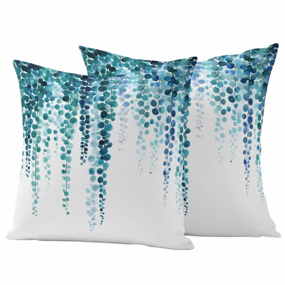 Outdoor Pillow Covers 18 x 18 Inches, Blue Eucalyptus Leaves Waterproof Throw Pillow Cover Set of 2, Weeping Summer Botanical Watercolor Decorative Square Cushion Covers for Patio/Tent/Couch/Garden