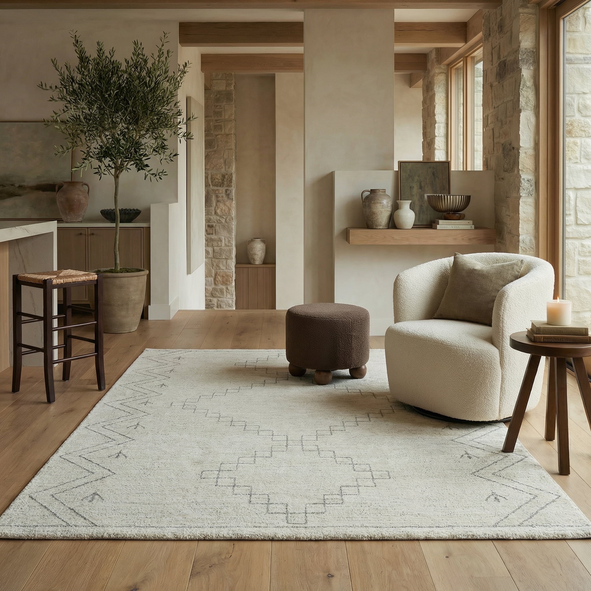 Tapis d'interieur abstrait Rug Branch Casa, beige creme, boheme - Salon, chambre, salle a manger et cuisine