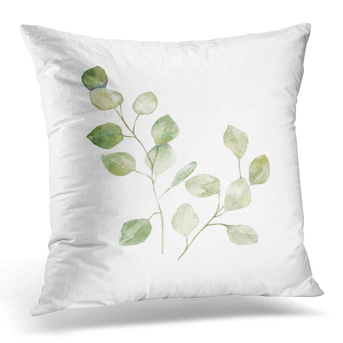 USART Green Leaf Watercolor Eucalyptus White Botanical Throw Pillow