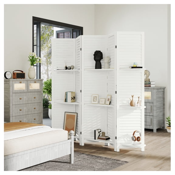 Wood Room Divider 67" Tall - 5 Panel Folding Privacy Screen with 3 Shelves - White Room Partition for Bedroom, Office, Living Room