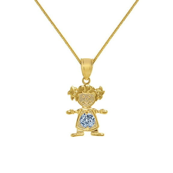 Precious Stars 14K Yellow Gold Round-cut Cubic Zirconia March Birthstone Girl/Daughter Pendant with 16" Chain Necklace