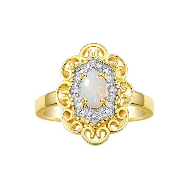 Rylos Yellow Gold Plated Silver Floral Designer Ring with 6x4 MM Oval Opal & Sparkling Diamonds - Birthstone Jewelry for Women -Size 10