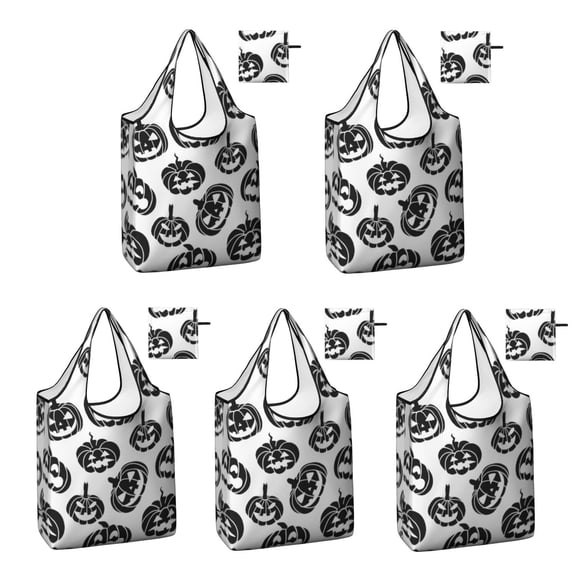 5 Pack Foldable Shopping Bag,Halloween Black Pumpkin Silhouettes Reusable Grocery Bags with Pockets,Large Reusable Tote Bags with Handles Waterproof & Lightweight