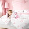 thumbnail image 3 of meiyoeat Ribbon Bow Letter Print King Size Comforter Sets For Girls,Pink Bowknot Monogram T Comforters King Size For Kids,Pink Reversible,3-Piece, 3 of 7