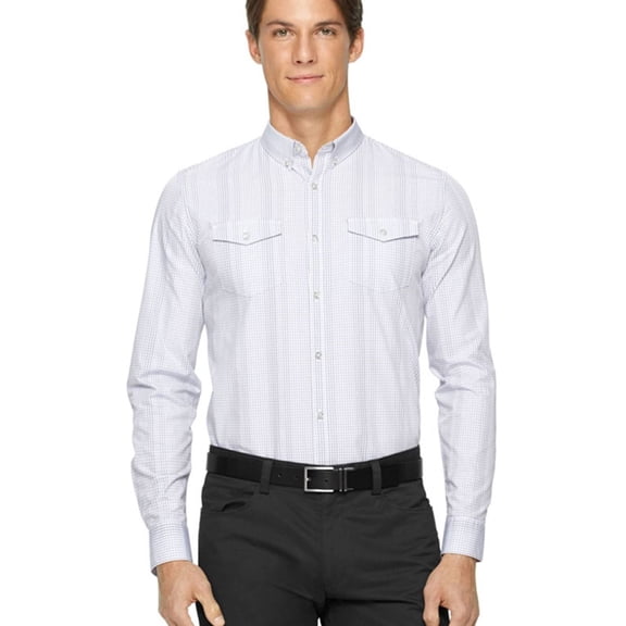 Calvin Klein Mens Gingham Slim Fit Button Up Shirt, White, Small
