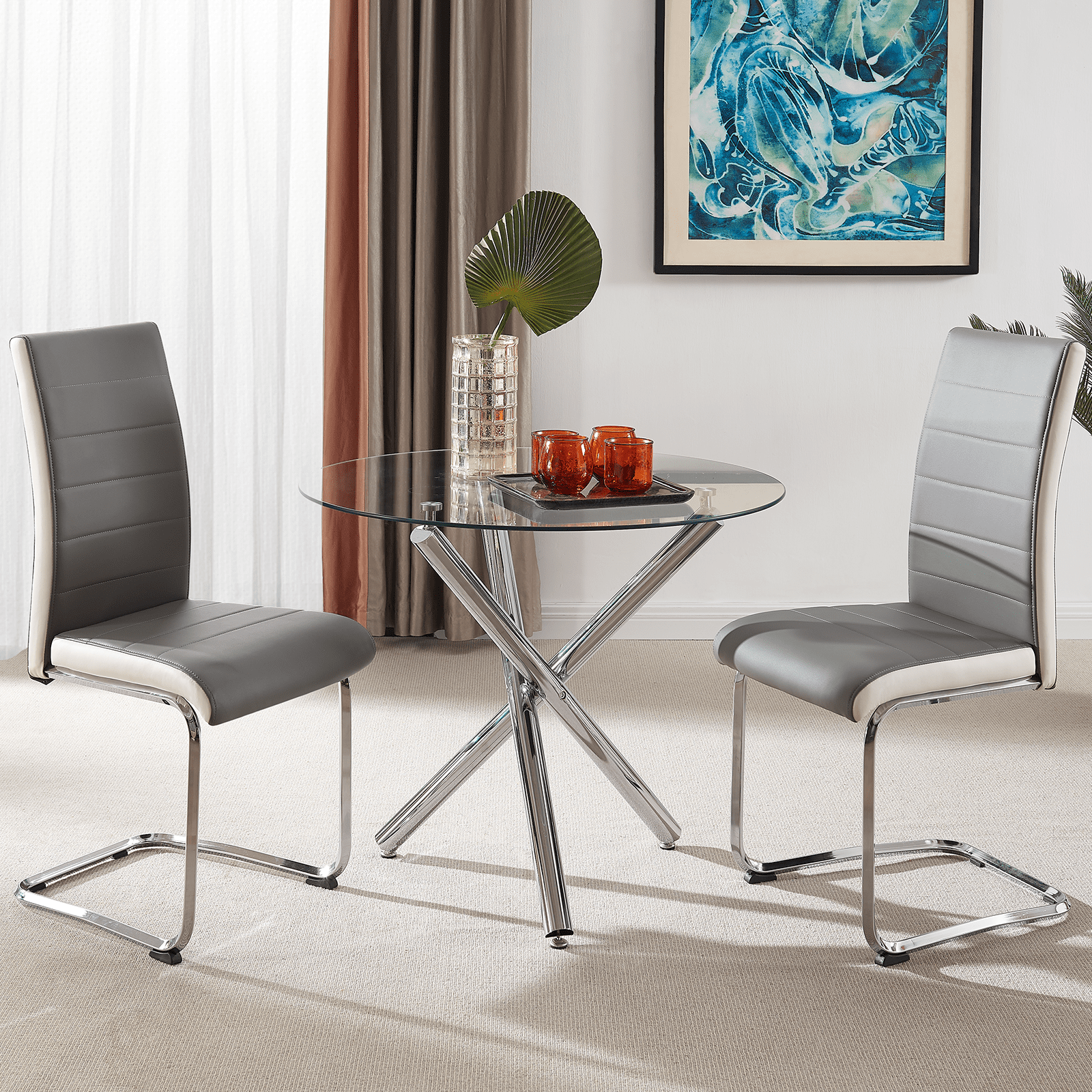 TONVISION Chrome Glass Dining Table and 2 Chairs Metal Cantilever Legs High Back Leather Covered Home Dining Room Furniture Set Black White Side Chair 