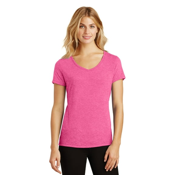District Made Ladies Perfect Tri V Neck Tee-M (Fuchsia Frost)