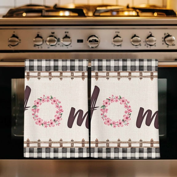 Spring Flowers Kitchen Towels Set of 3, Vintage Watercolor Black Plaid on Linen Absorbent Dish Towels for Kitchen, Microfiber Hand Towel, Quick Drying Tea Towel for Cleaning Decorative Dishcloths