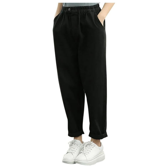 Mitankcoo Women's Cotton Relaxed Pants - Elastic Waist with Pockets - Casual Comfort Long Trousers