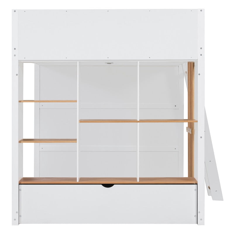 Full Size Kids Loft Bed with Shelves, Wooden High Profile Teens Storage Bed Frame with Ladder and Removable Large Drawer