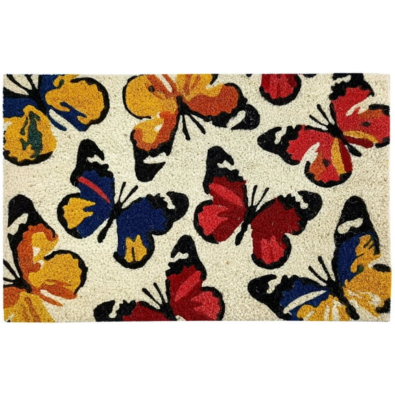 Kashi Home Coir Door Mat Printed Welcome Mat 18x28 Non-Slip Doormat, Durable Outdoor/Indoor Rug, Welcome Spring Theme - Butterflies