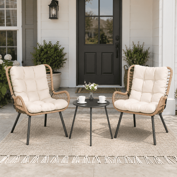 LAUSAINT HOME 3-Piece Patio Furniture Set, High Back Outdoor Bistro with Coffee Table & Beige Cushions for Garden or Deck