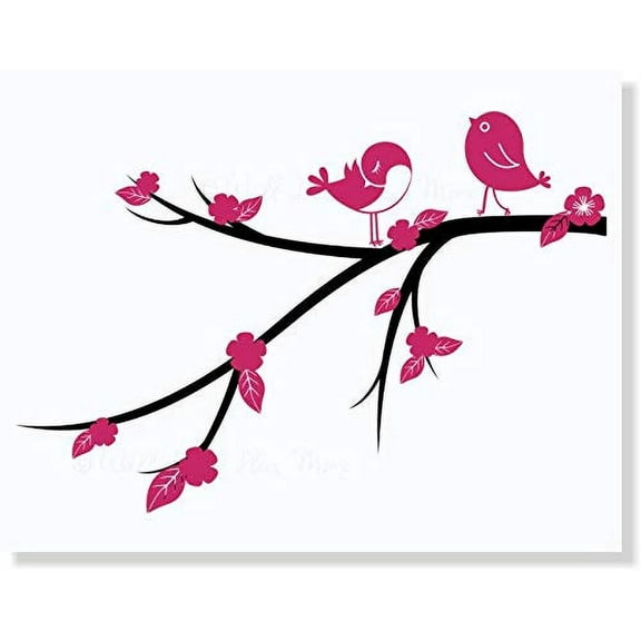Branch Wall Sticker with Birds Flowers Girls Room Stickers Vinyl Art Decals Bedroom Decor (Black/Hot)