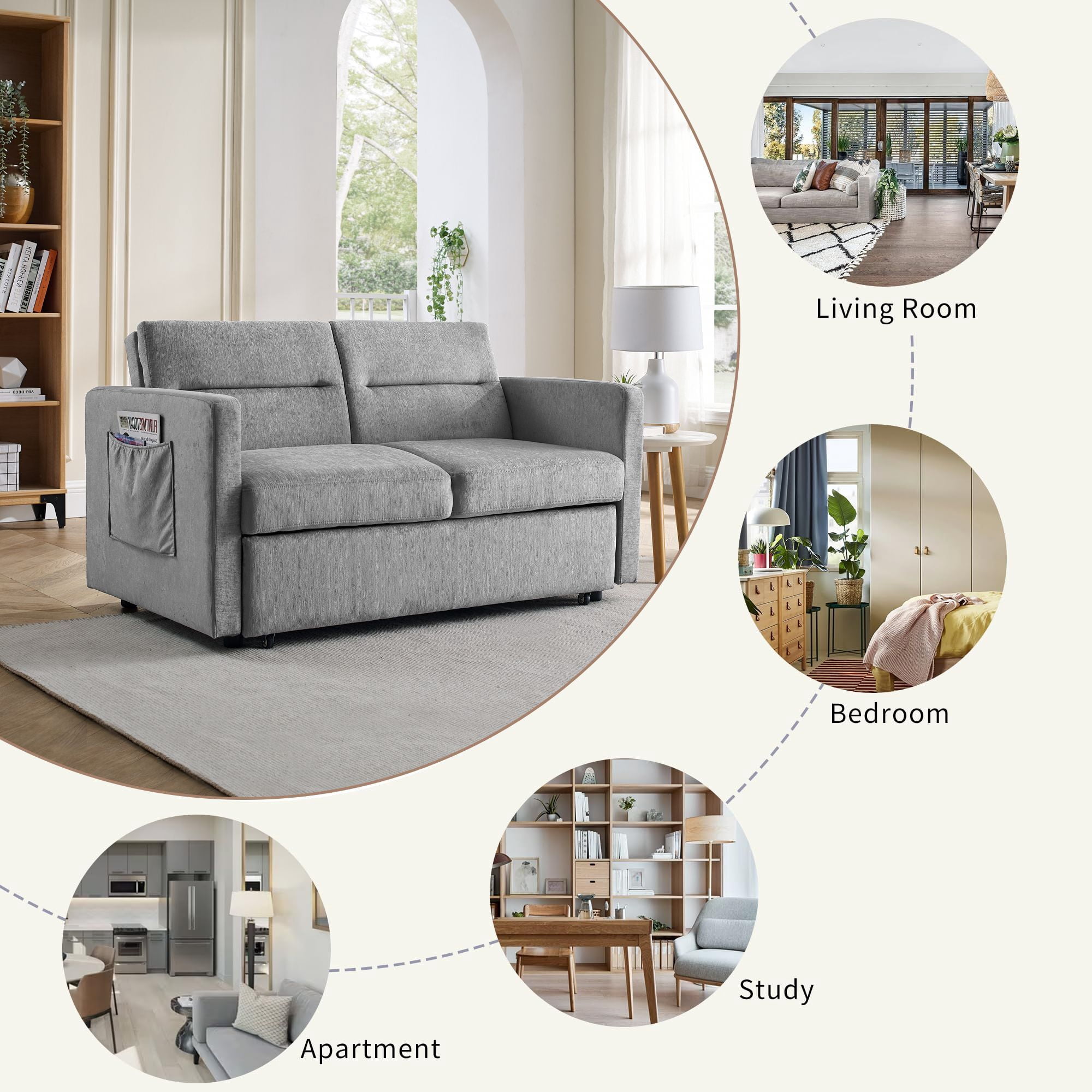 DEALTOPS Pull Out Sofa Bed, Convertible Loveseat Sleeper with Side Pockets, Gray