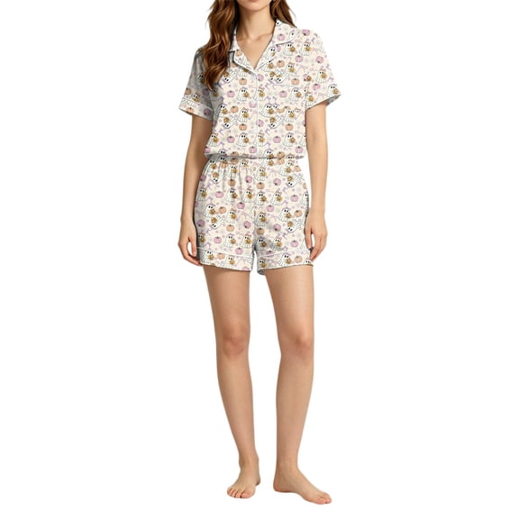 Halloween Womens Pajamas Set Satin 2 Pcs Pumpkin Print Button Down Short Sleeve Shorts Pajama Set Notch Collar Lounge Set Loose Soft Sleepwear Halloweens Gifts for Mom
