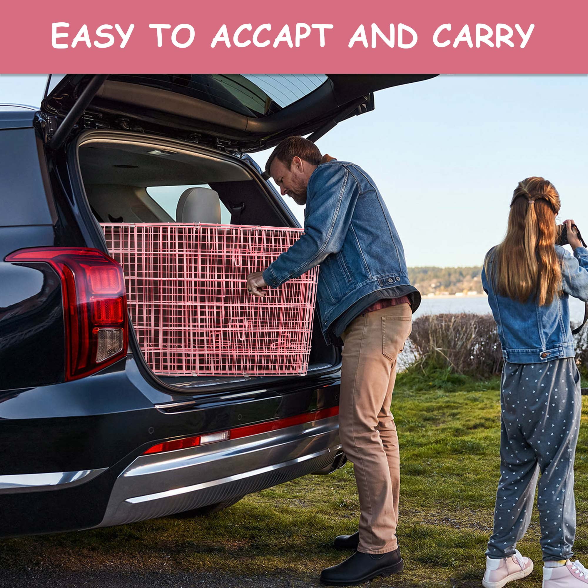 CL.HPAHKL 48 Inch Dog Crates for Large Dogs with Divider, Foldable Metal Wire Dog Crate with Double Door, Locks, Leak-Proof Pan Tray, Handle Metal Dog Kennel for Indoor, Outdoor, Travel, Pink