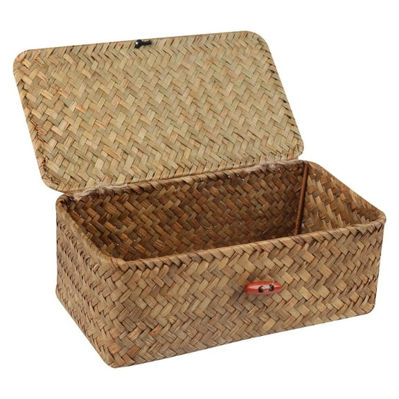 Wicker Shelf Baskets with Lid,Handwoven Seagrass Basket for Storage Basket Bins Rectangular Home Organizer Gift Boxes (Natural Small)
