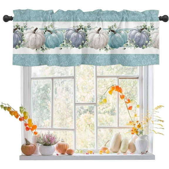 Thanksgiving Fall Pumpkins Curtain Valances for Windows, Light Filtering Thermal Insulated Windows Curtains Blue Eucalyptus Leaves Valance Curtains for Kitchen Cafe Bedroom Living Room Decor 54x18inch