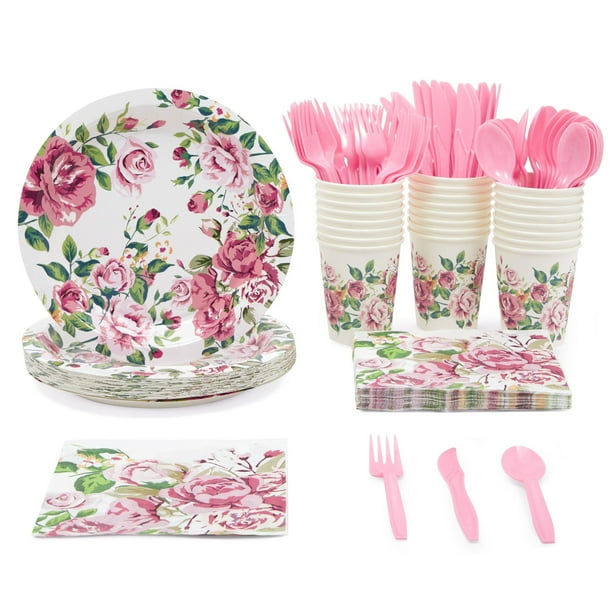 144 Piece Vintage Style Tea Party Supplies with Pink Floral Paper