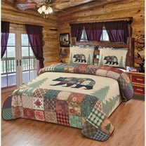 De Leon Collections 63843 Vibrant Wilderness Black Bear Forest Nature Boho Bright Floral Patchwork Bedding Set Queen Quilt   2 Pillow Shams