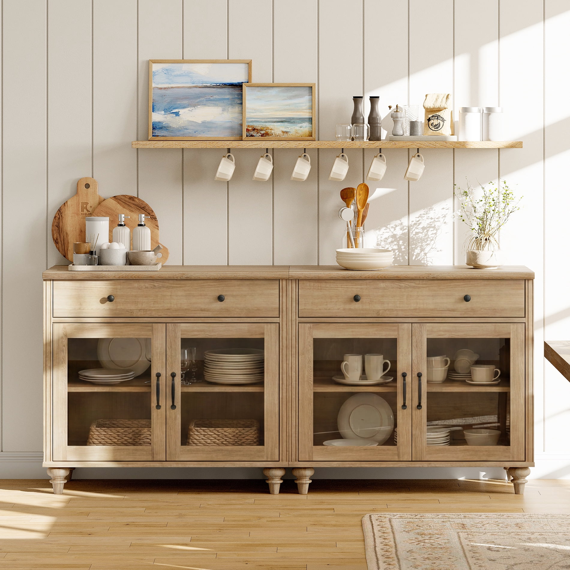 68" Oak Glass Door Buffet Cabinet with Drawer, Farmhouse Sideboard with Storage
