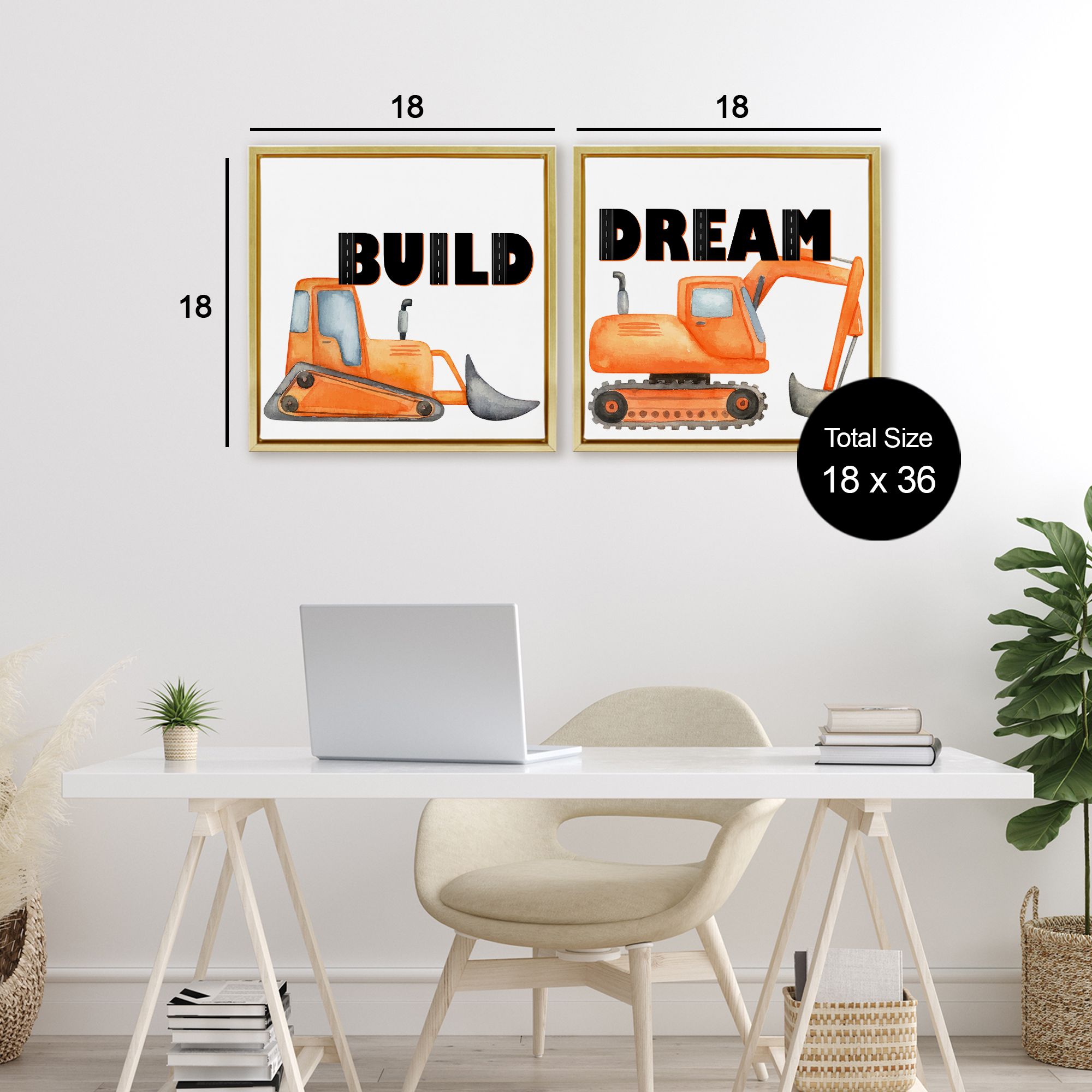 Build & Dream Construction Vehicles 2 Piece Gold Framed Floater Canvas Set, design by Kim Allen