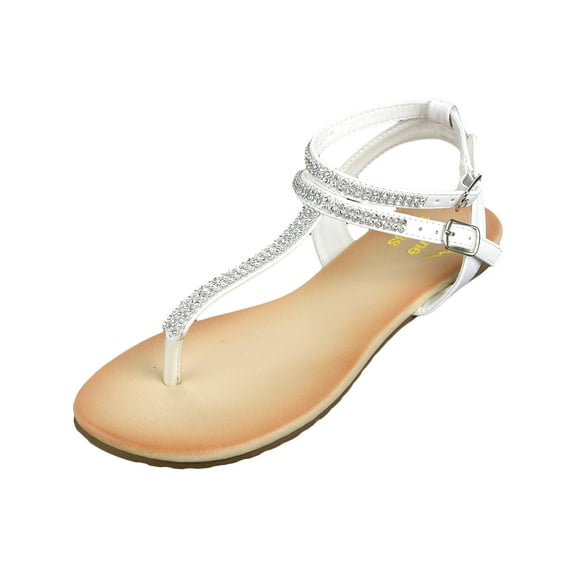Alpine Swiss Womens Rhinestone T-Strap Sandals Ankle Strap Flat Summer Shoes