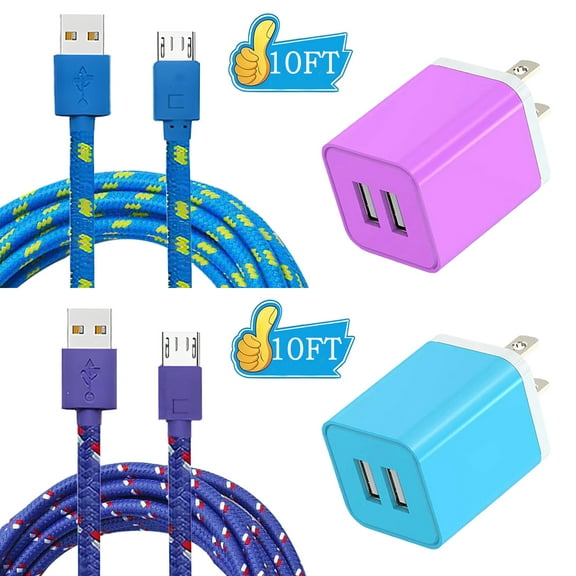 2 Pack Micro Usb Cable 10ft,AlmosTen Usb Micro Charger Cable 10ft Nylon Braided Fast Data Transfer Micro Port USB A to Micro Charging Cord 10ft Micro Usb Charger 10ft(Blue,Purple)