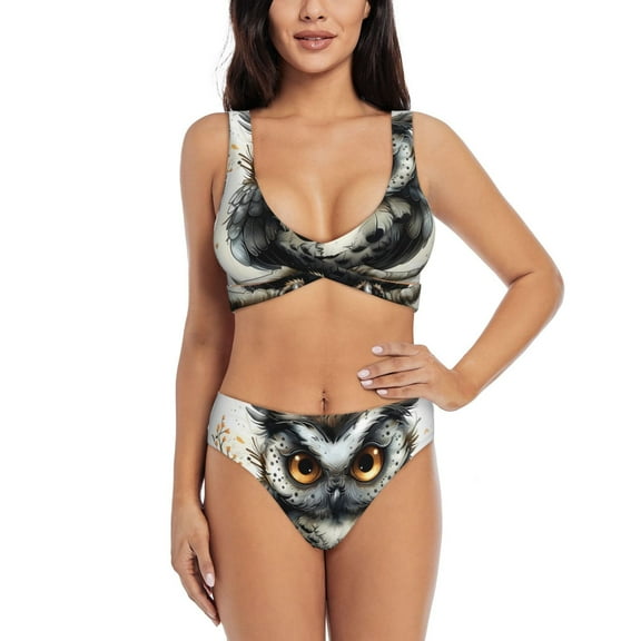 Kdxio Whimsical Owl On Branch Print Women's 2 Piece High Waisted Wrap Spaghetti Strap Summer Swimsuit Bikini Set-Small