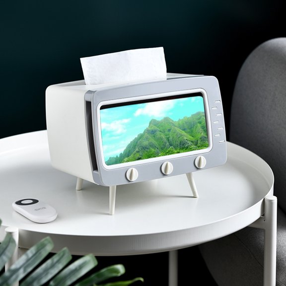 PREWOOD 2 in 1 Tissue Box Holder with Phone Mount,TV Shaped Tissue and Smartphone Holder,Versatile Tissue Box Cover for Bathroom/Living Room/Bedroom Dresser/Night Stand/Desk/Table
