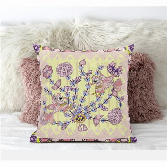 Pond Peacock Throw Pillow with Removable Cover in Yellow Peach Muted Pink 18x18