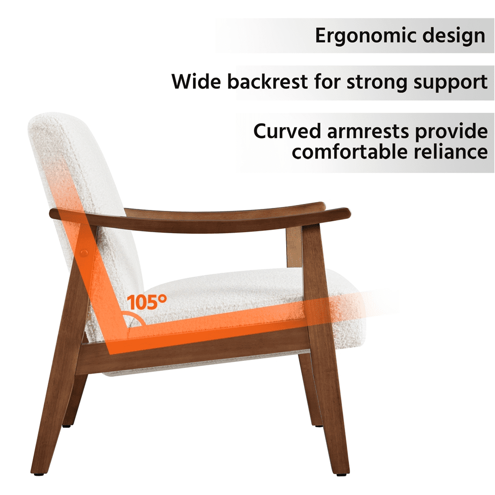 Alden Design Mid-Century Modern Accent Chair with Wooden Frame, Ivory Boucle Fabric