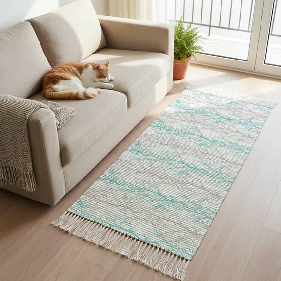 Teal Grey Branch Kitchen Runner Rug 2'x4', Spring Summer Pastoral Botanical Washable Rug with Tassels, Non Slip Woven Cotton Bathroom Rugs Hallway Carpet for Foyer Bedroom Entry Back Door Decor
