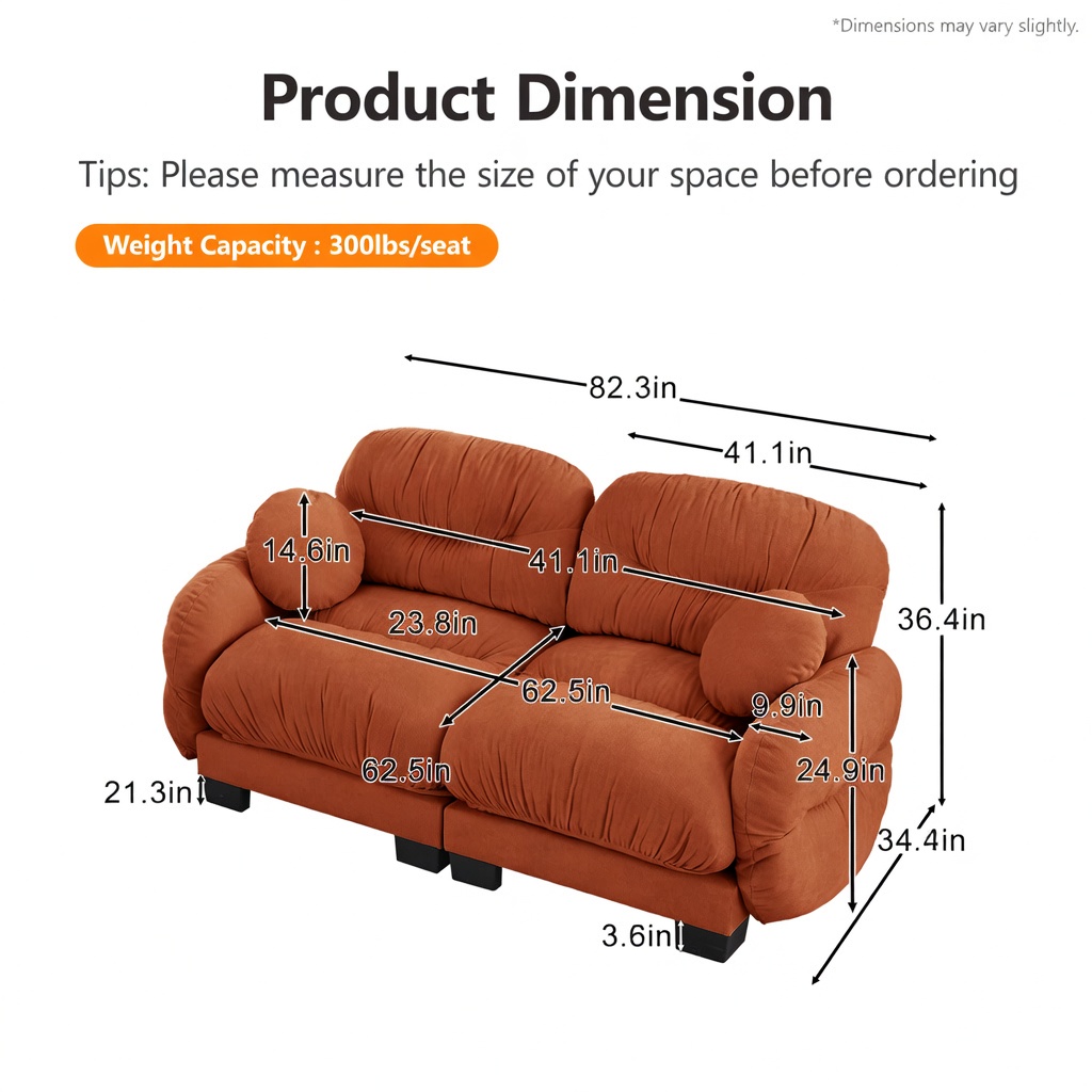 Hommoo Chenille 2-Seater Modular Sofa with Pleated Back, Ergonomic High-Density Foam Cushions, Curved Armrests & 2 Round Throw Pillows, Orange