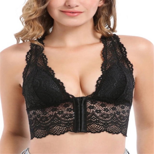 Women‘s Lace Deep V Bra Racerback Breathable Front-Close Padded Sports Bralette Push Up Bra M-2Xl