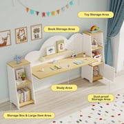 Reasea Wooden Kids Double Study Desk and Chair Set, Extra Large Children Writing Table, Student Study Table, Kids Desk with Book & Toy Storage