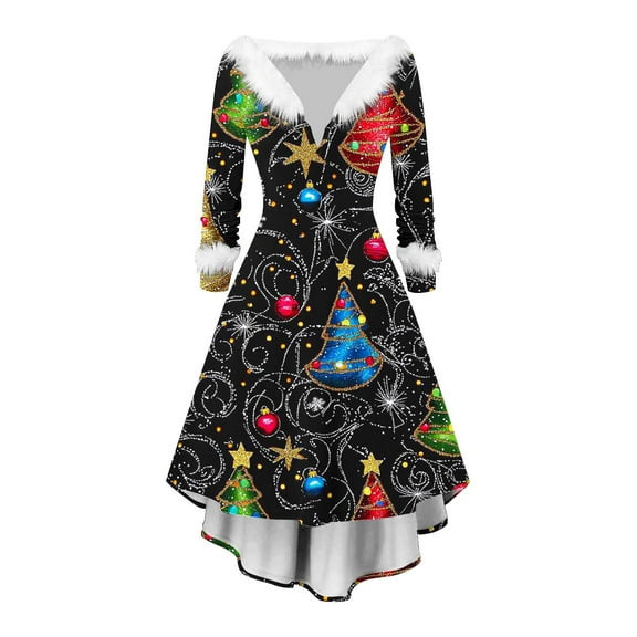 Lorytime Womens a Line Dress Christmas Snowflakes Plush V-Neck Elegant Dresses Long Sleeve Party Dresses