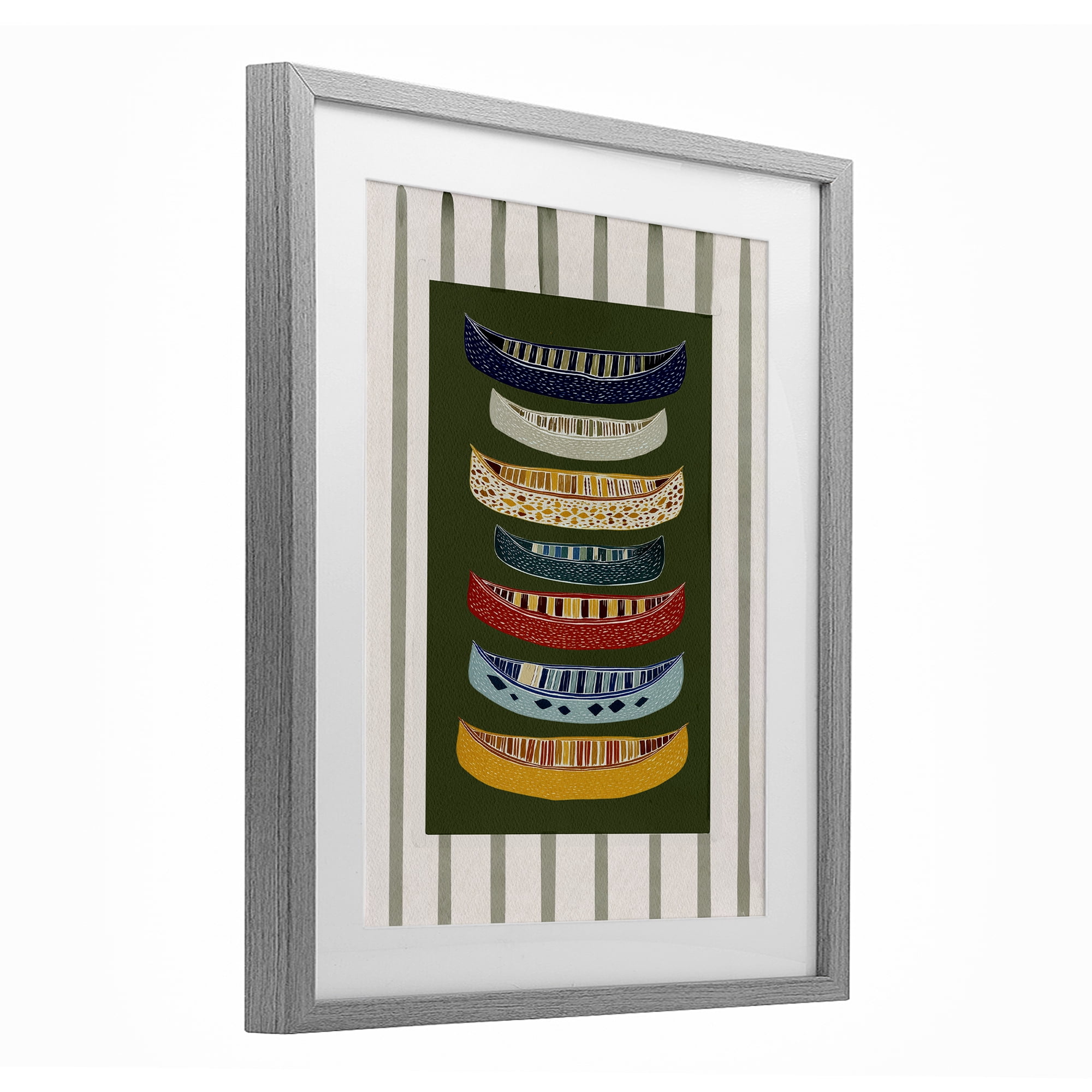 Stupell Industries Patterned Canoes over Stripes Gray Framed Print Under Glass, design by Yen