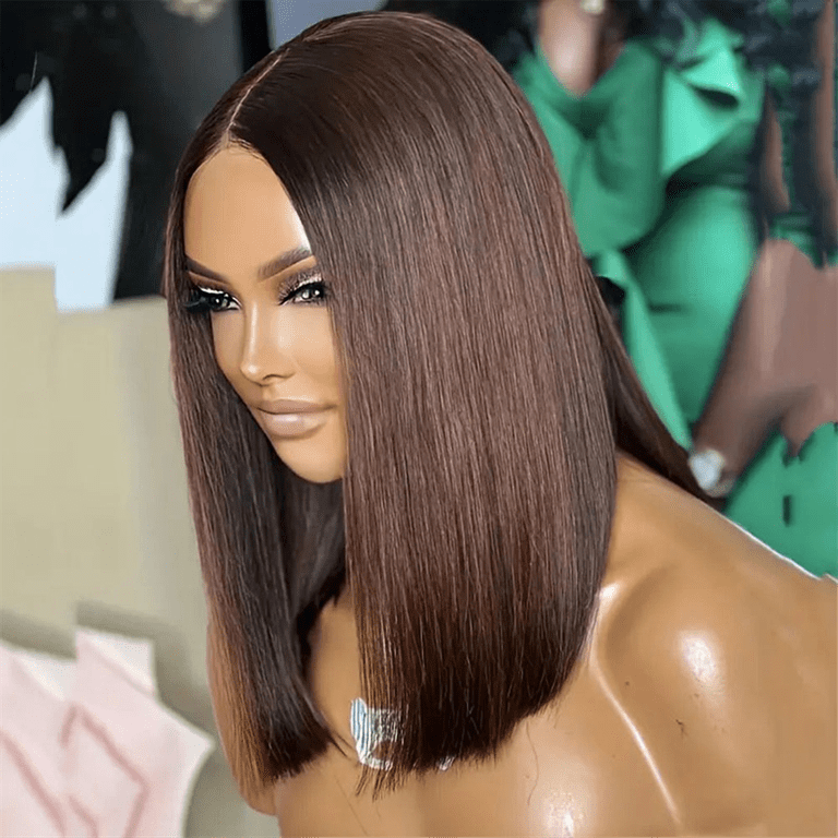 8 Inches Dark Brown Bob- Wig Human- Hair Front Lace Straight  display picture 3