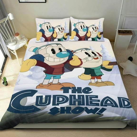 The Cuphead Show Cartoon 3 Piece Bedding Set Comforter Set Cute Duvet Cover Sets Super Soft Girls Bedding Set Kids Bedroom Gifts,1 Duvet Cover with 2 Pillowcases Twin