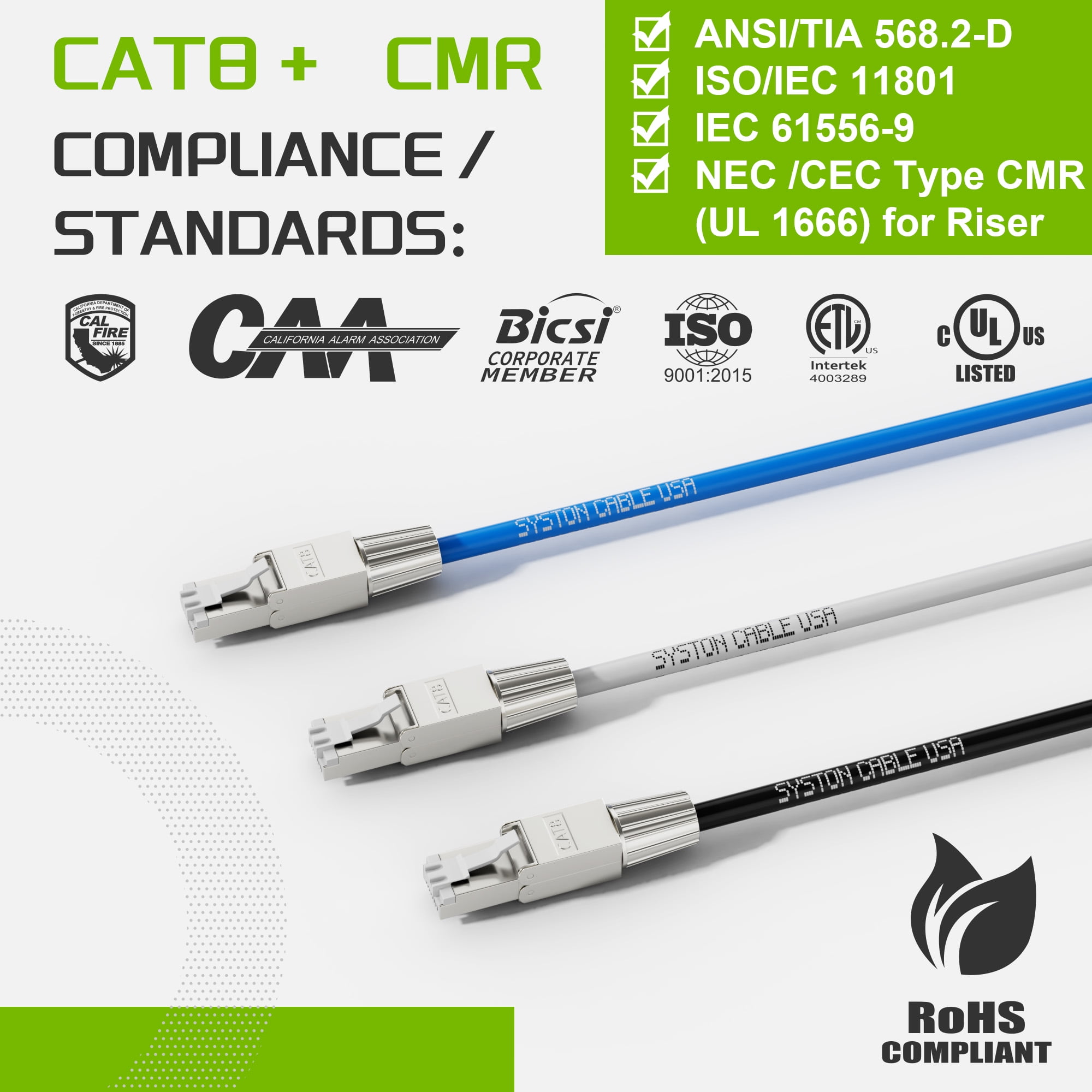 SYSTON Cat8 Ethernet Cable Patch 100ft Blue, 2000MHz 2GHz 40GB Solid Bare Copper S/FTP Braided Shielded, 22/4 22 AWG 4 Pair CMR CL2R FT4, Network Lan Cable for Indoor/Outdoor PoE Internet PC Laptop