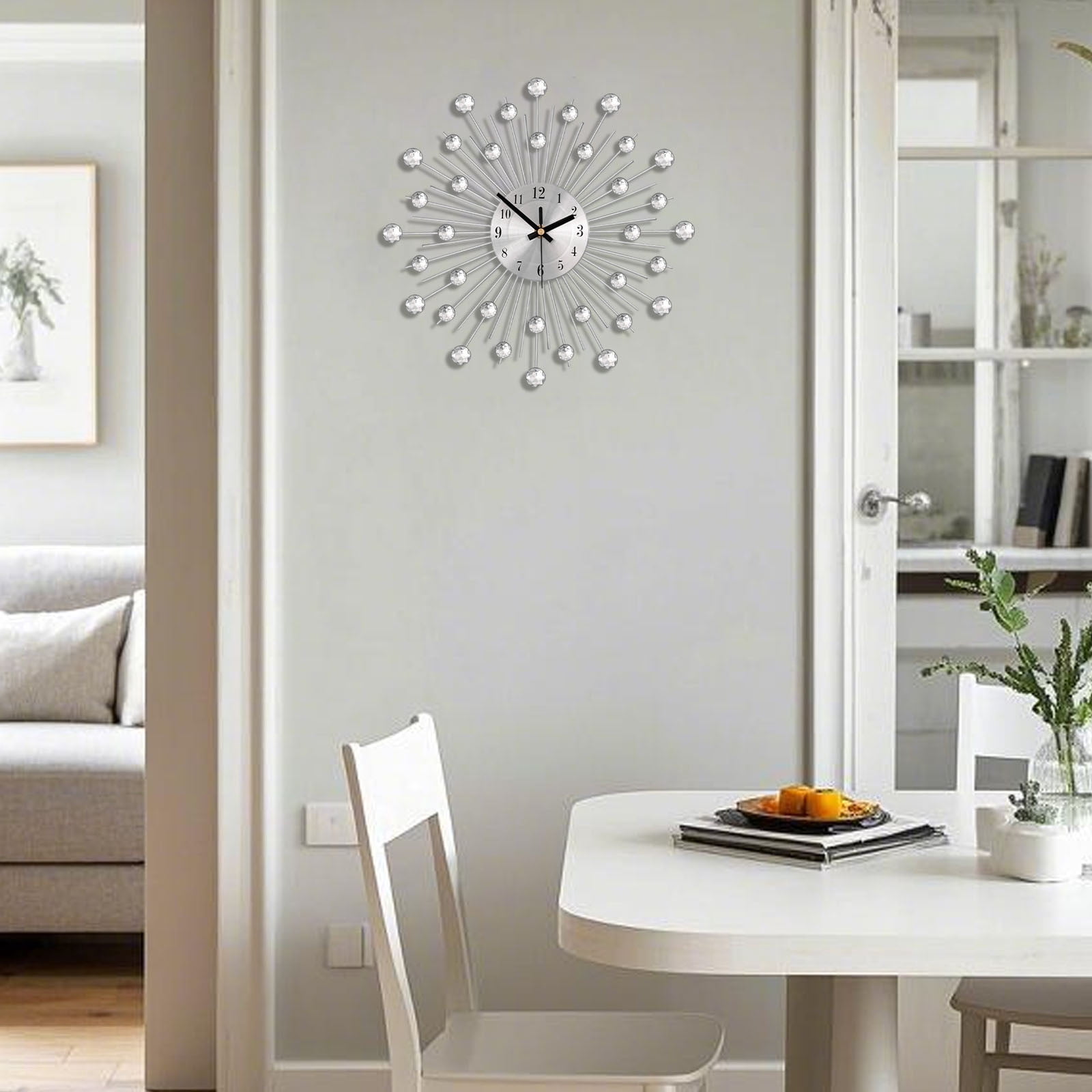NWOKYZGH Large Wall Clock for Living Room Decor, Non-Ticking Quiet Modern Metal Starburst Bling Silver Crystal Wall Clocks Decor for Bedrooms Kitchen Decorative