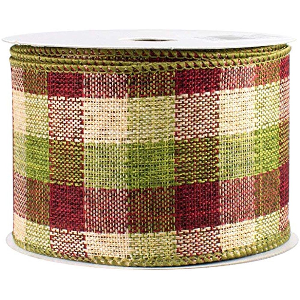 Fall Plaid Wired Ribbon Decoration 2 1/2" x 10 Yards, Burgundy, Moss