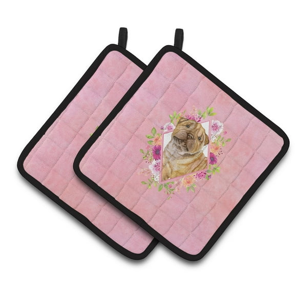 Shar Pei Pink Flowers Pair of Pot Holders