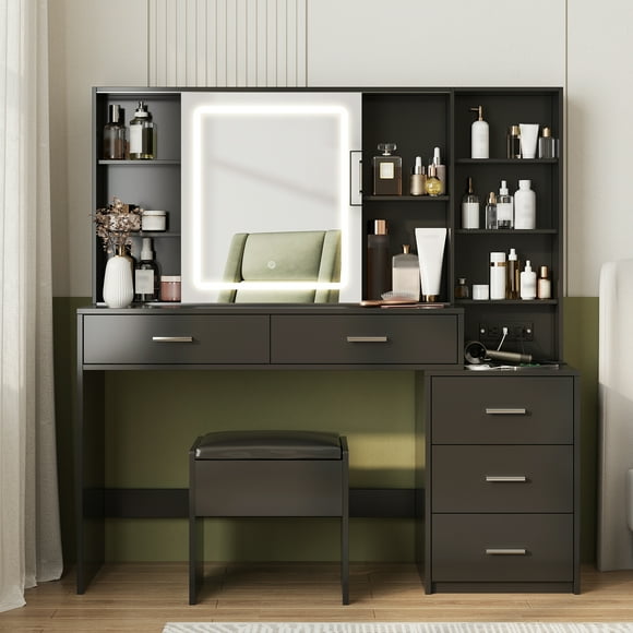VEANERWOOD Large Vanity Set with lighted Sliding Mirror Makeup Vanity Table with Charging Station and 5 Drawers Storage, White