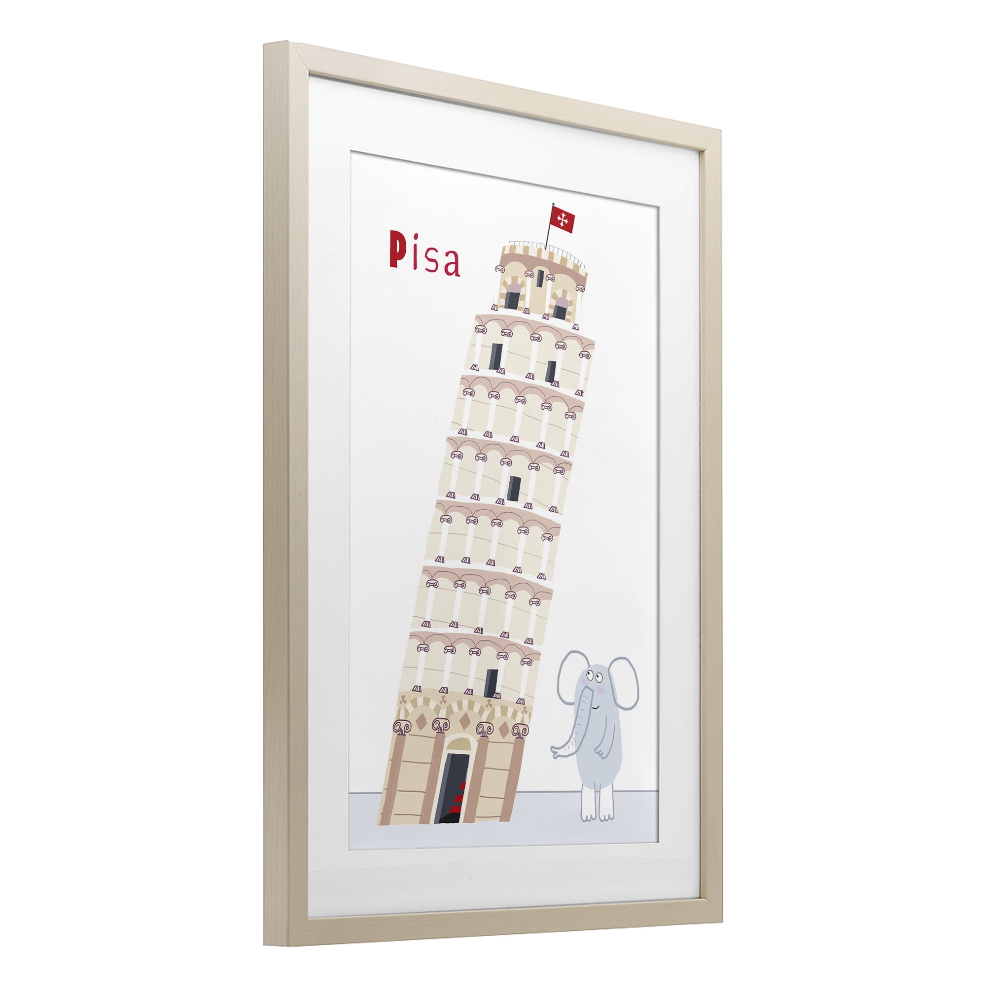 Elephant & Leaning Tower Pisa Birch Framed Print Under Glass, design by Carla Daly