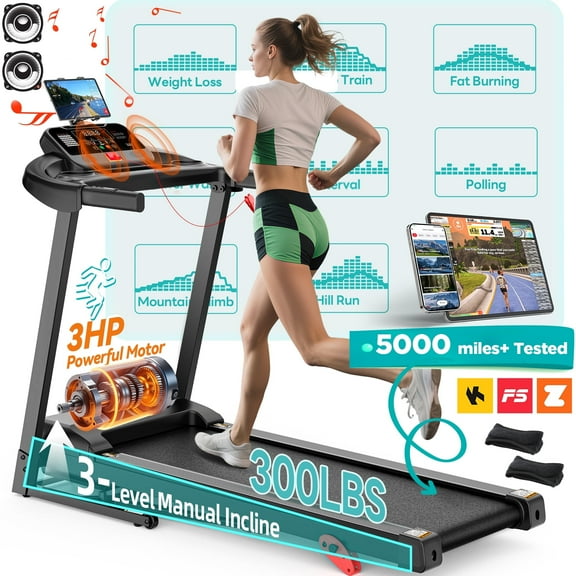 Folding Electric Treadmill for Home, Compact Running Machine with 3HP Motor, 300 Lbs Capacity, 3-Level Adjustable Incline, Up to 7.5 MPH, Quiet Brushless Motor, 64 Preset Programs, Space-Saving Fitne