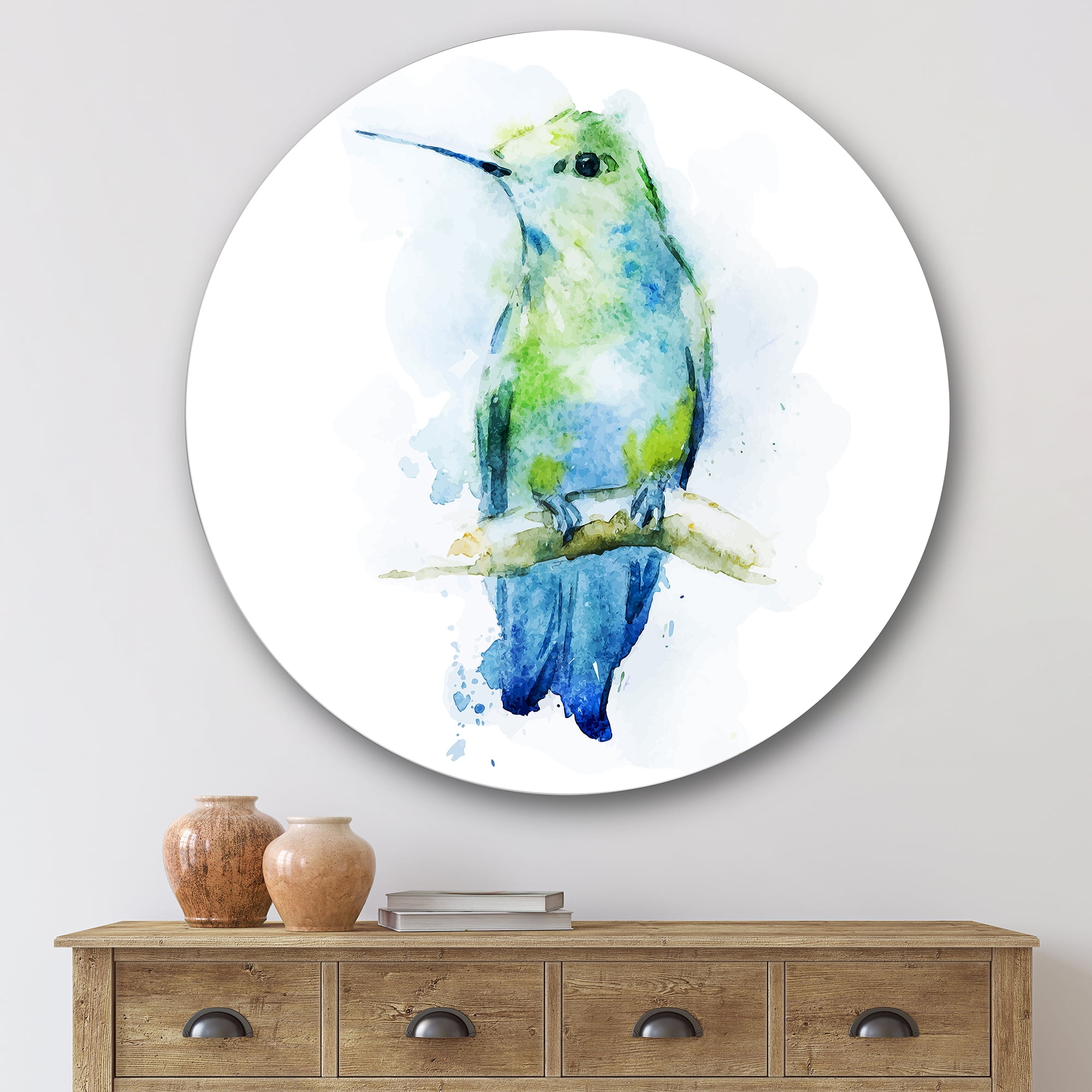 Designart 'Colibri Bird On Branch' Traditional Circle Metal Wall Art 36x36 - Disc of 36