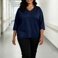 thumbnail image 4 of thefmos Women's V Neck 3/4 Sleeve Pullover Blouse with Pocket Plus Size Solid Color Casual Top Trendy Fall Spring Outfit, Navy 3XL, 4 of 7